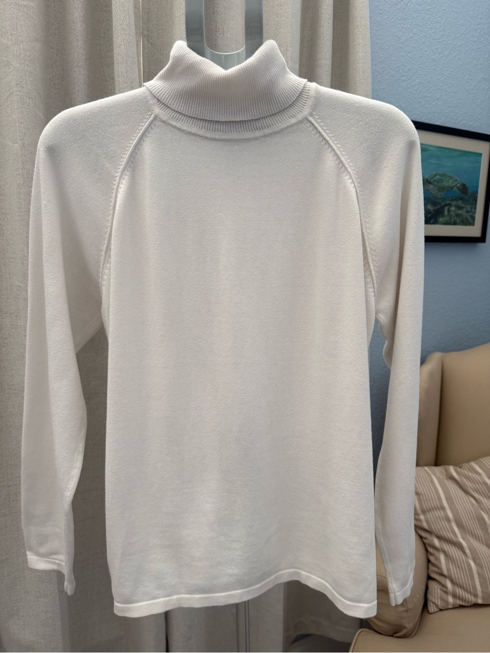 100% Cotton White Knit Turtleneck Raglan Sweater XL Quiet Luxury - Picture 2 of 4